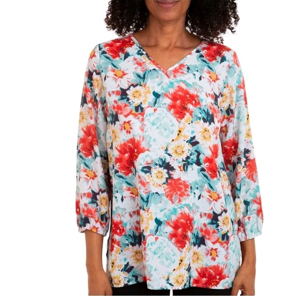 Mario Serrani Italy Womens Floral V-Neck Top Red Teal 3/4 Sleeve Blouse S NWT